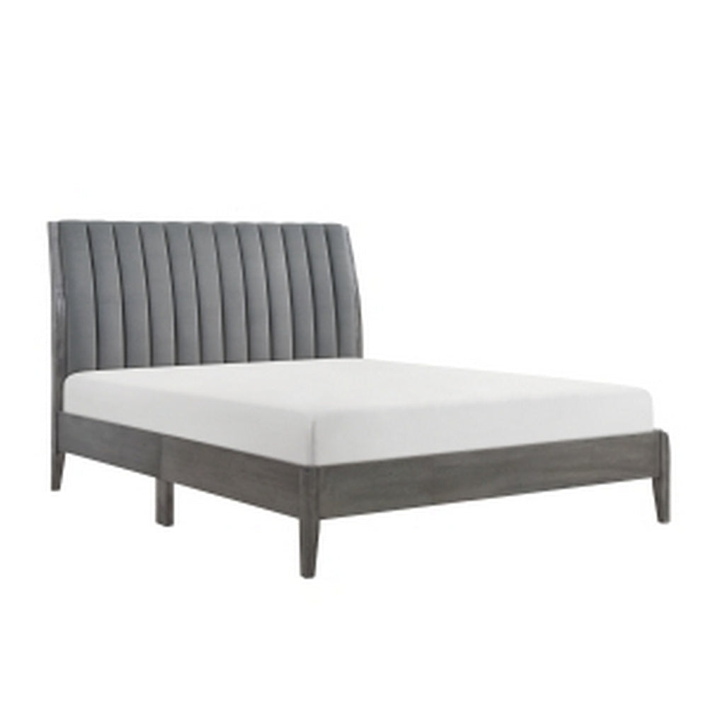 Queen Size Platform Bed, Channel Tufted Upholstered Back, Gray Velvet By Casagear Home