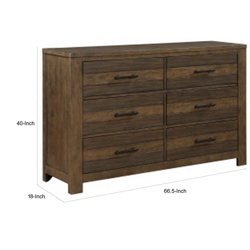 Aco 67 Inch Wide Dresser 6 Drawers with Black Handles Antique Brown By Casagear Home BM313201