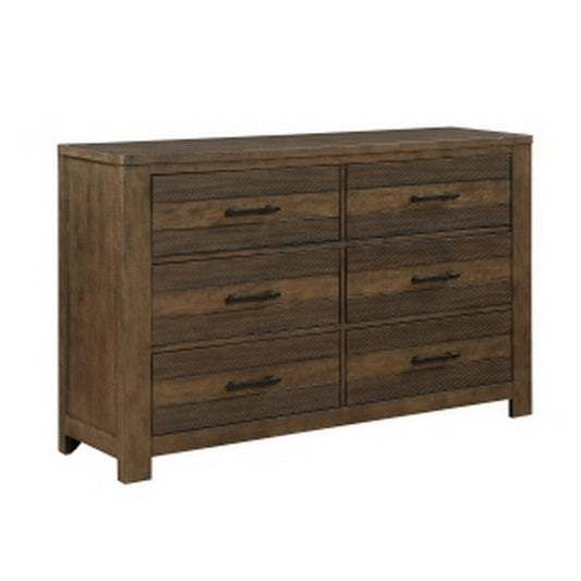 Aco 67 Inch Wide Dresser, 6 Drawers with Black Handles, Antique Brown By Casagear Home