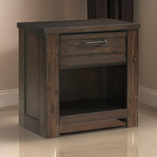 Niti 28 Inch Nightstand, 1 Drawer and 1 Open Storage Cubby, Antique Brown By Casagear Home