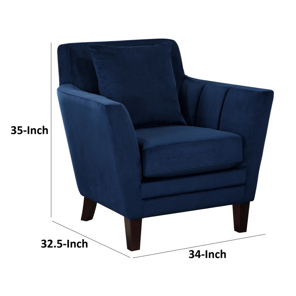 Jess 34 Inch Accent Armchair with 1 Pillow Channel Tufted Blue Velvet By Casagear Home BM313206