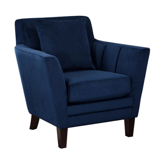 Jess 34 Inch Accent Armchair with 1 Pillow, Channel Tufted Blue Velvet By Casagear Home