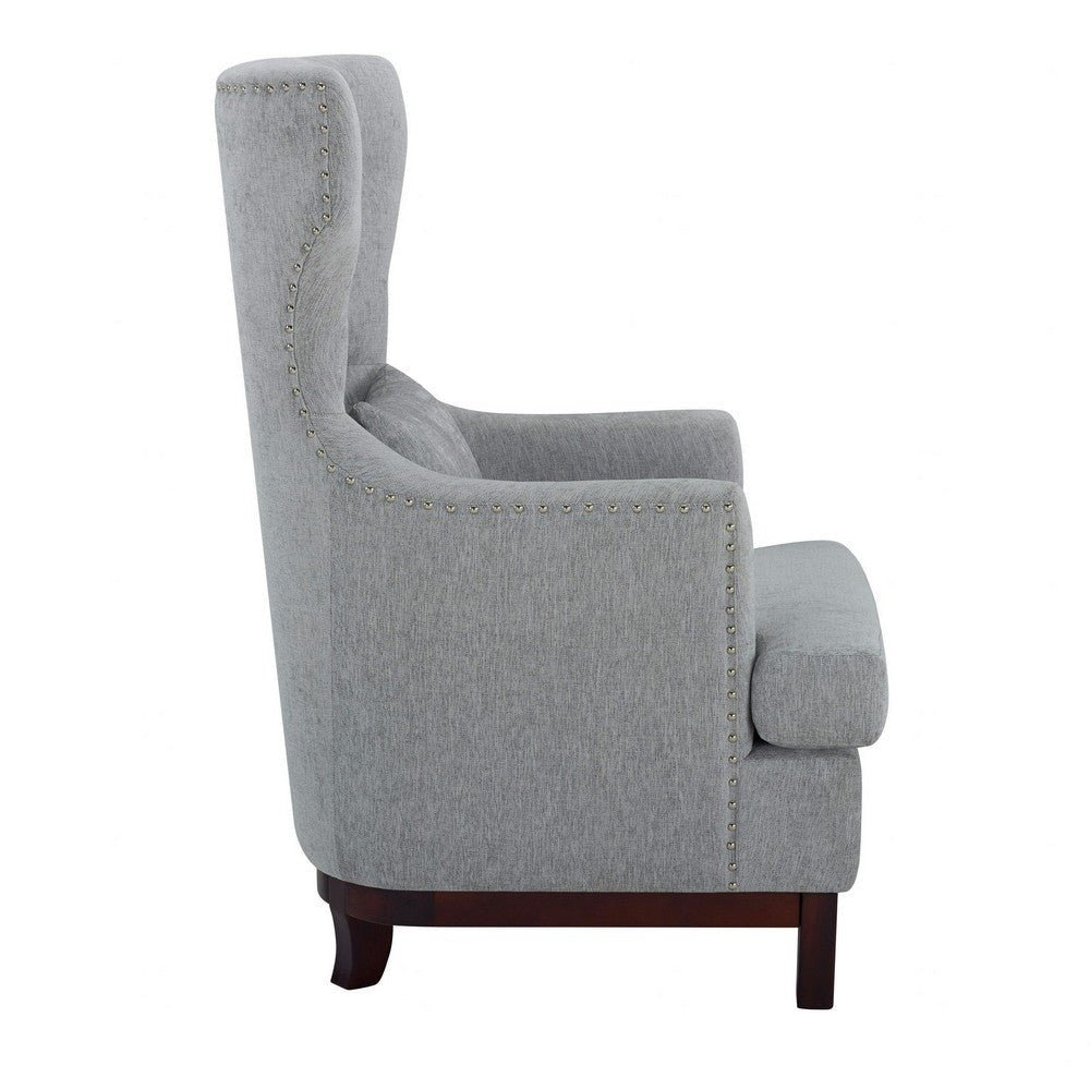 Kuri 34 Inch Accent Armchair 1 Lumbar Pillow Gray Wingback Button Tufted By Casagear Home BM313211