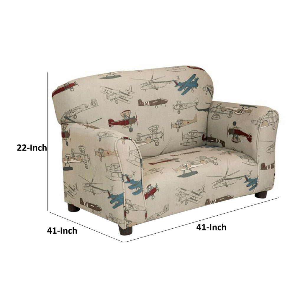 Tye 32 Inch Kids Sofa Padded Beige Welt Trim Fabric Vintage Airplane Print By Casagear Home BM313218