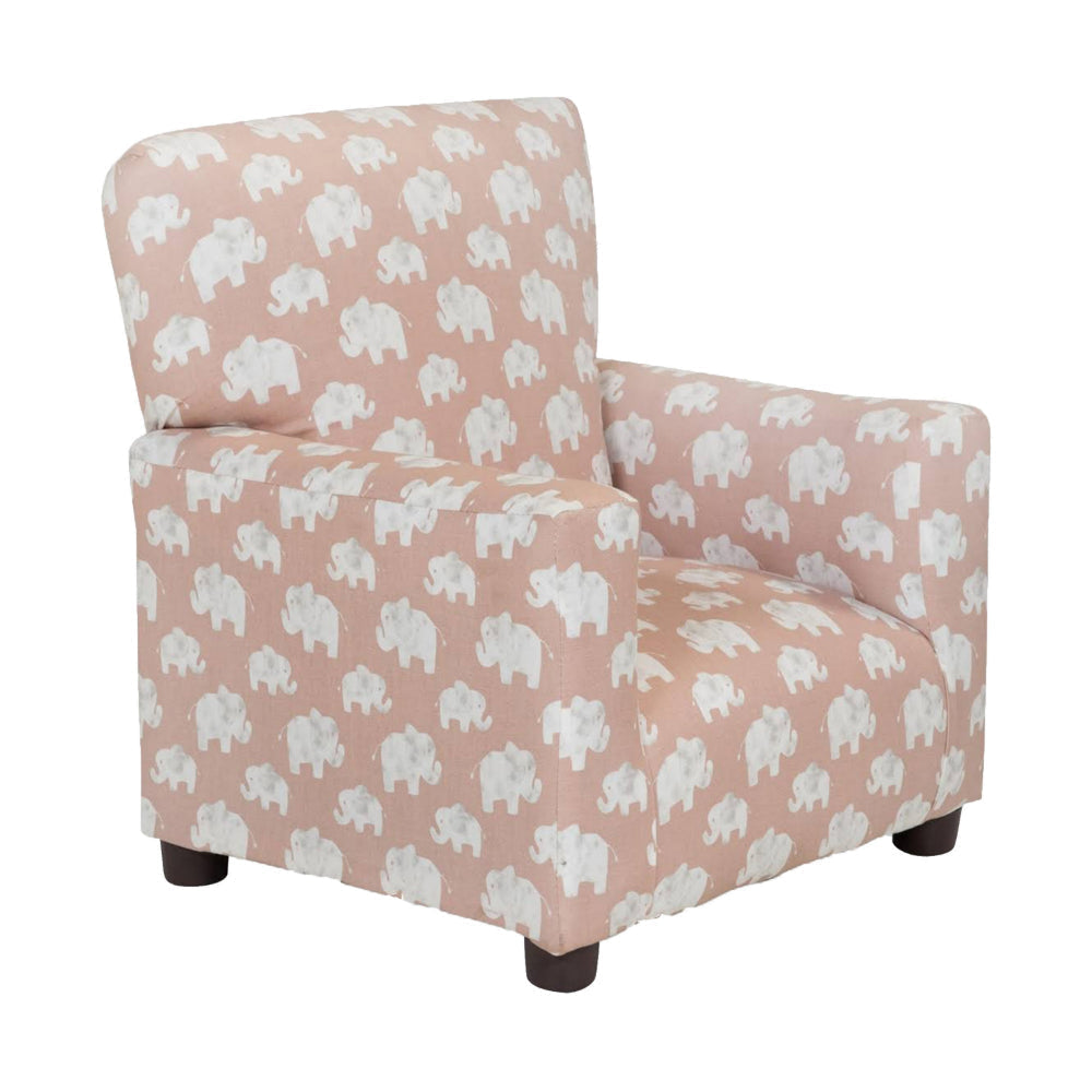 Tye 19 Inch Kids Sofa Chair, Pink Fabric, White Elephant Print, Sturdy Legs By Casagear Home