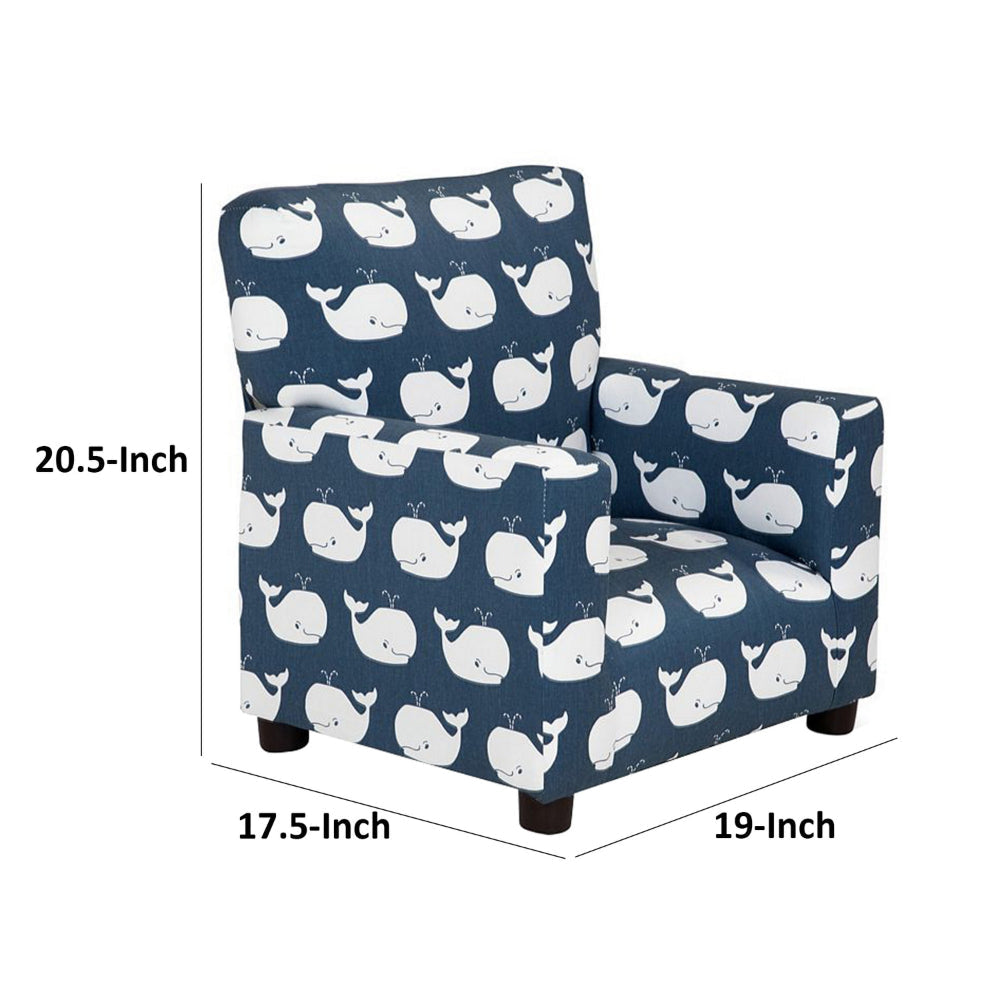 Tye 19 Inch Kids Sofa Chair Blue Fabric White Whale Print Round Legs By Casagear Home BM313221