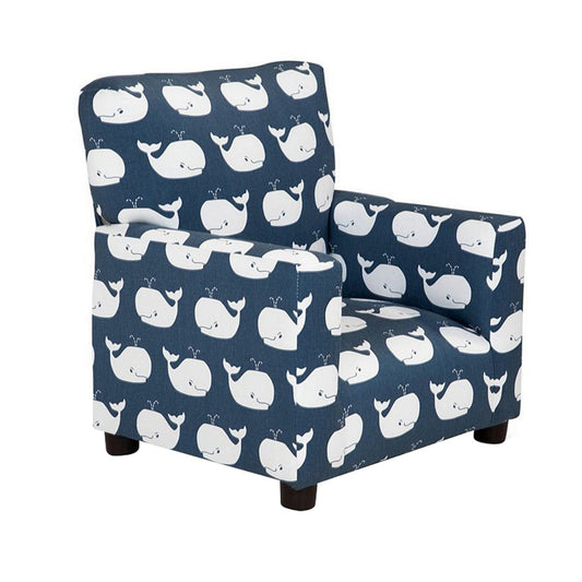 Tye 19 Inch Kids Sofa Chair, Blue Fabric, White Whale Print, Round Legs By Casagear Home