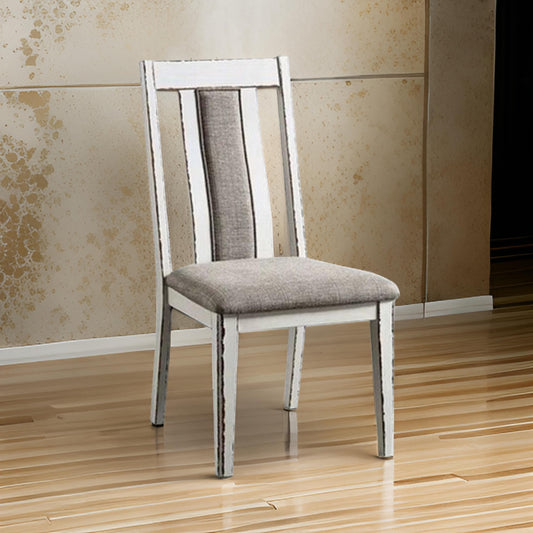 24 Inch Dining Side Chair Set of 2 Rustic White Wood Gray Fabric Seat By Casagear Home BM313223