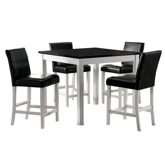 5 Piece Counter Table and Chair Set, Black Faux Leather Seat, White Wood By Casagear Home