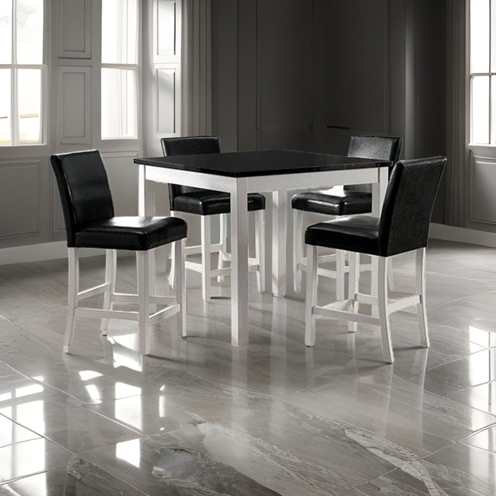 5 Piece Counter Table and Chair Set, Black Faux Leather Seat, White Wood By Casagear Home