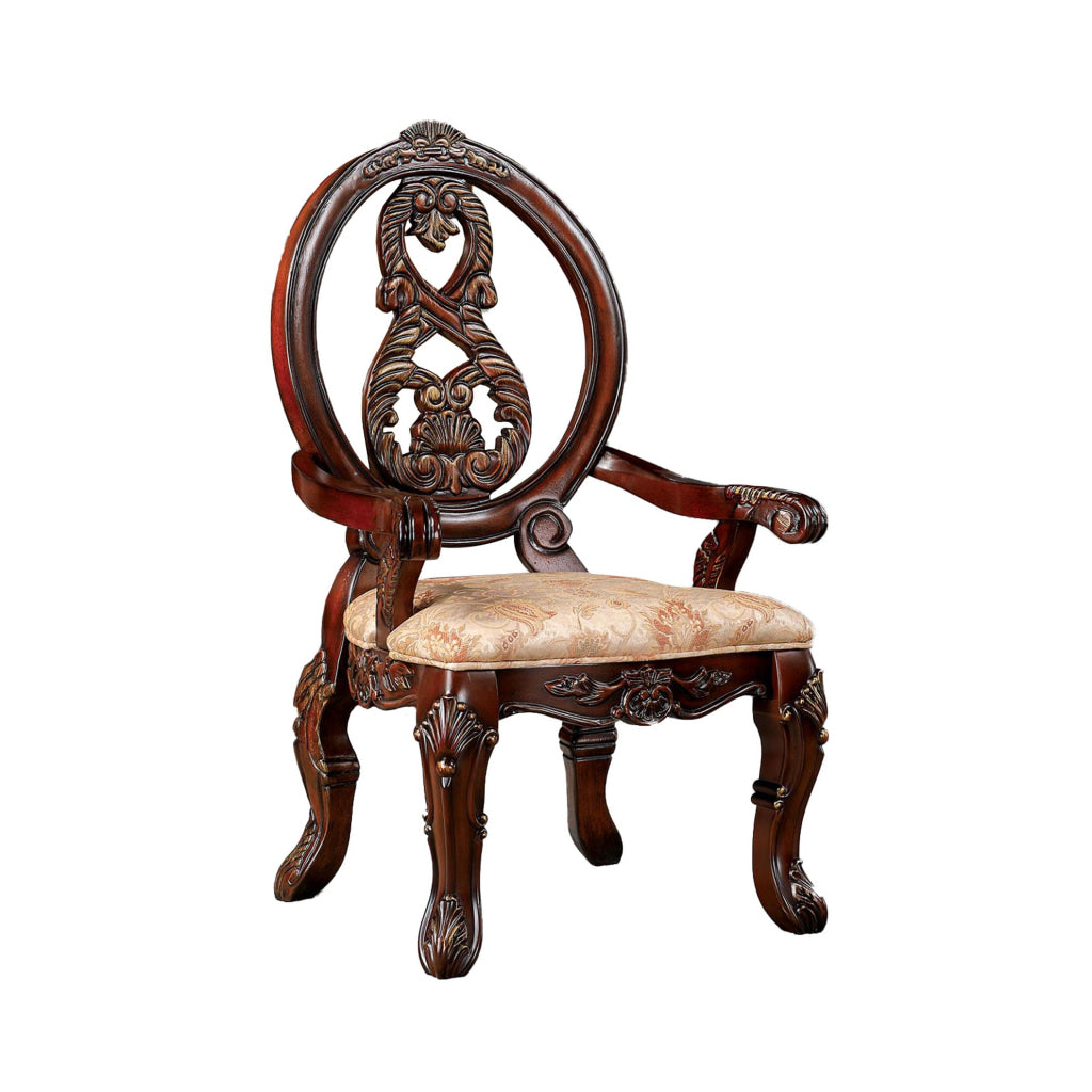 28 Inch Dining Side Chair Set of 2 Brown Wood Carved Back Beige Fabric By Casagear Home BM313225