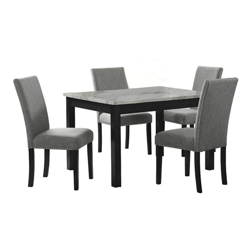 5 Piece Dining Table and Chairs, Brown Wood, Gray Fabric, Faux Marble Top By Casagear Home