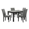 5 Piece Dining Table and Chairs, Brown Wood, Gray Fabric, Faux Marble Top By Casagear Home