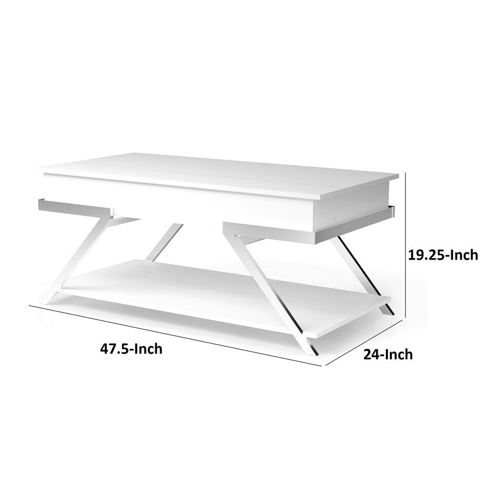 Tius 48 Inch Coffee Table Chrome Frame Lift Top High Gloss White Finish By Casagear Home BM313231