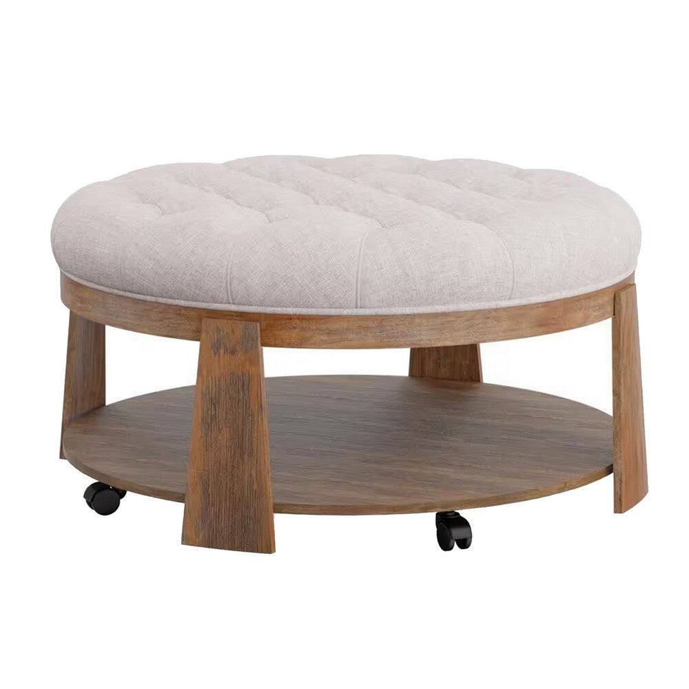 Gus 41 Inch Ottoman Coffee Table Button Tufted Beige Fabric Brown Wood By Casagear Home BM313241