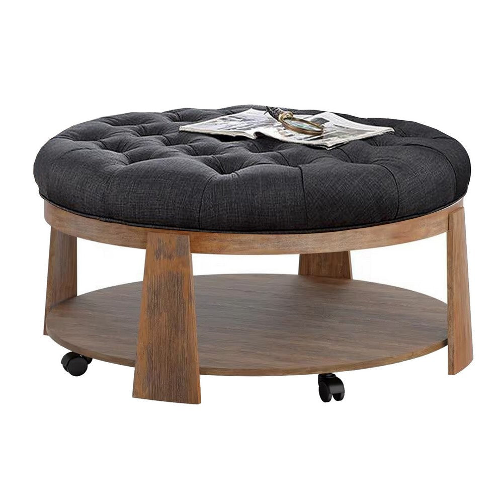 Gus 41 Inch Ottoman Coffee Table Button Tufted Gray Fabric Brown Wood By Casagear Home BM313242