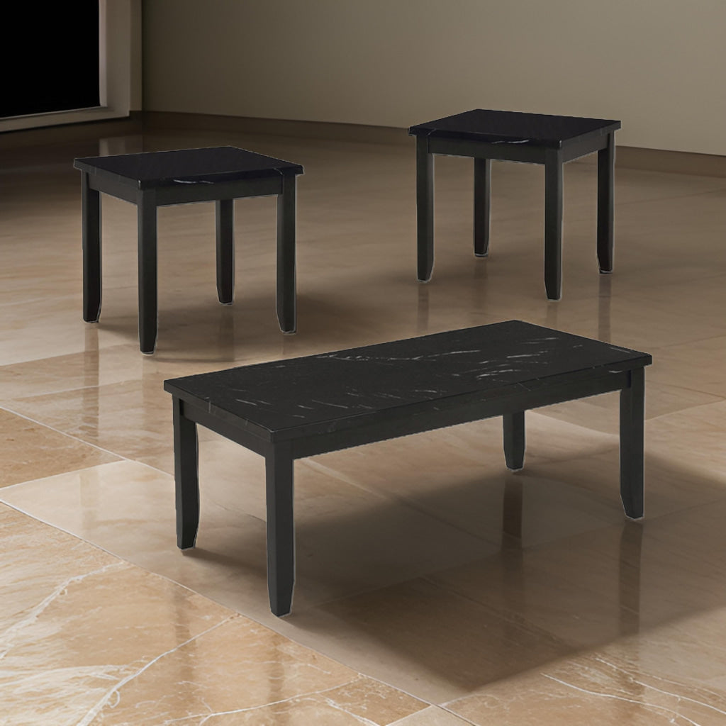 Lide 3 Piece Coffee Table and End Table Set, Faux Marble Top, Black Wood By Casagear Home