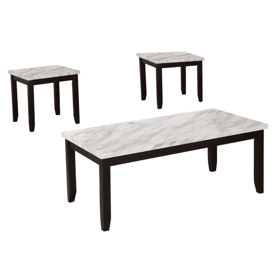 Lide 3 Piece Coffee Table and End Table Set, White Faux Marble Top, Black By Casagear Home