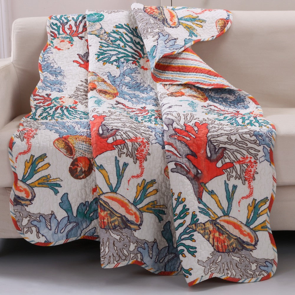 Wade 50 x 60 Quilted Throw Blanket with Fill Corals and Seashells Design By Casagear Home BM313271