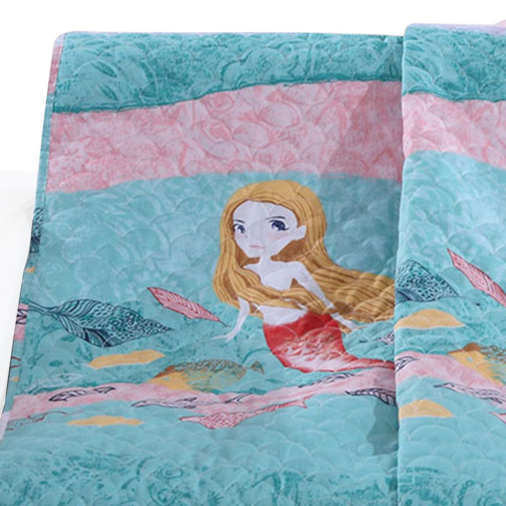 Wini 50 x 60 Inch Quilted Throw Blanket with Fill Mermaid Blue Pink By Casagear Home BM313288