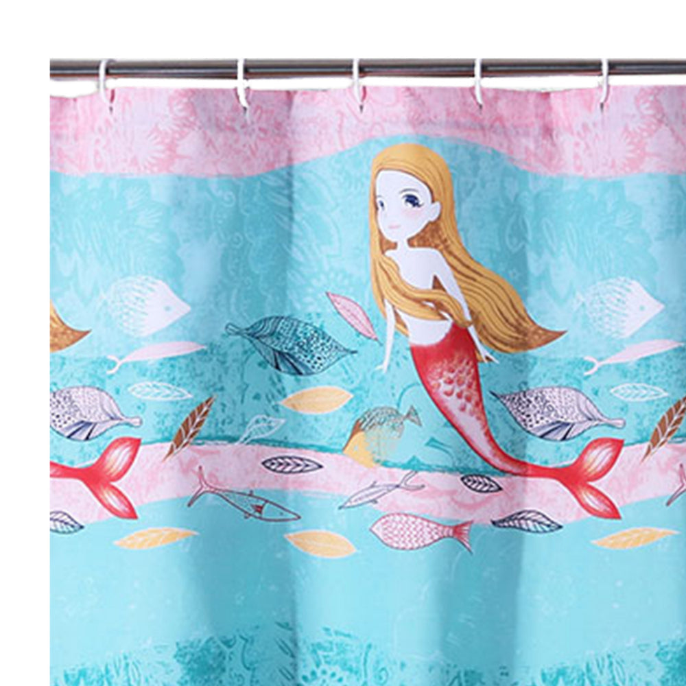 Wini 72 x 72 Inch Shower Curtain Mermaid Print Blue Pink Polyester By Casagear Home BM313289