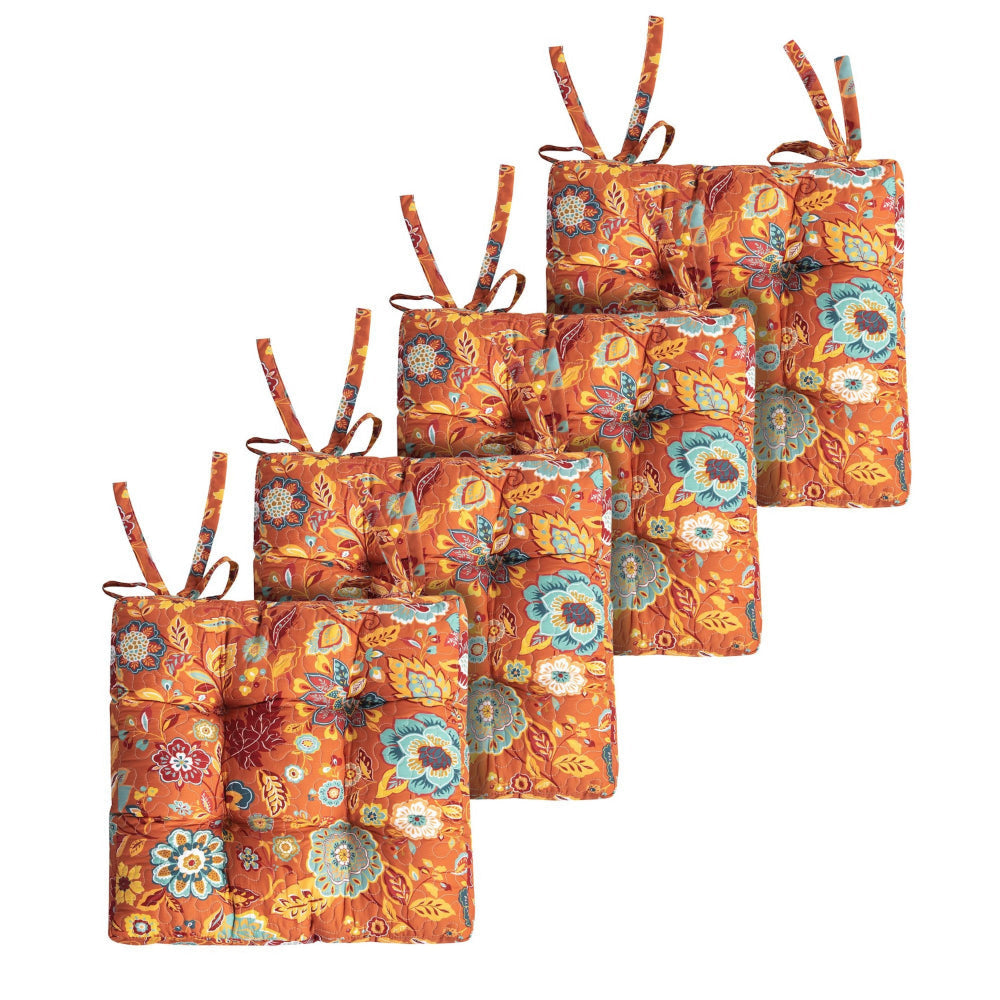 Rov 18 Inch Set of 4 Chair Pad Seat Cushions, 3 Layers, Orange Flower Print By Casagear Home