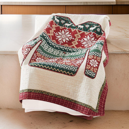 50 x 60 Inch Cotton Quilted Throw Blanket, Christmas Sweater Print, Red By Casagear Home