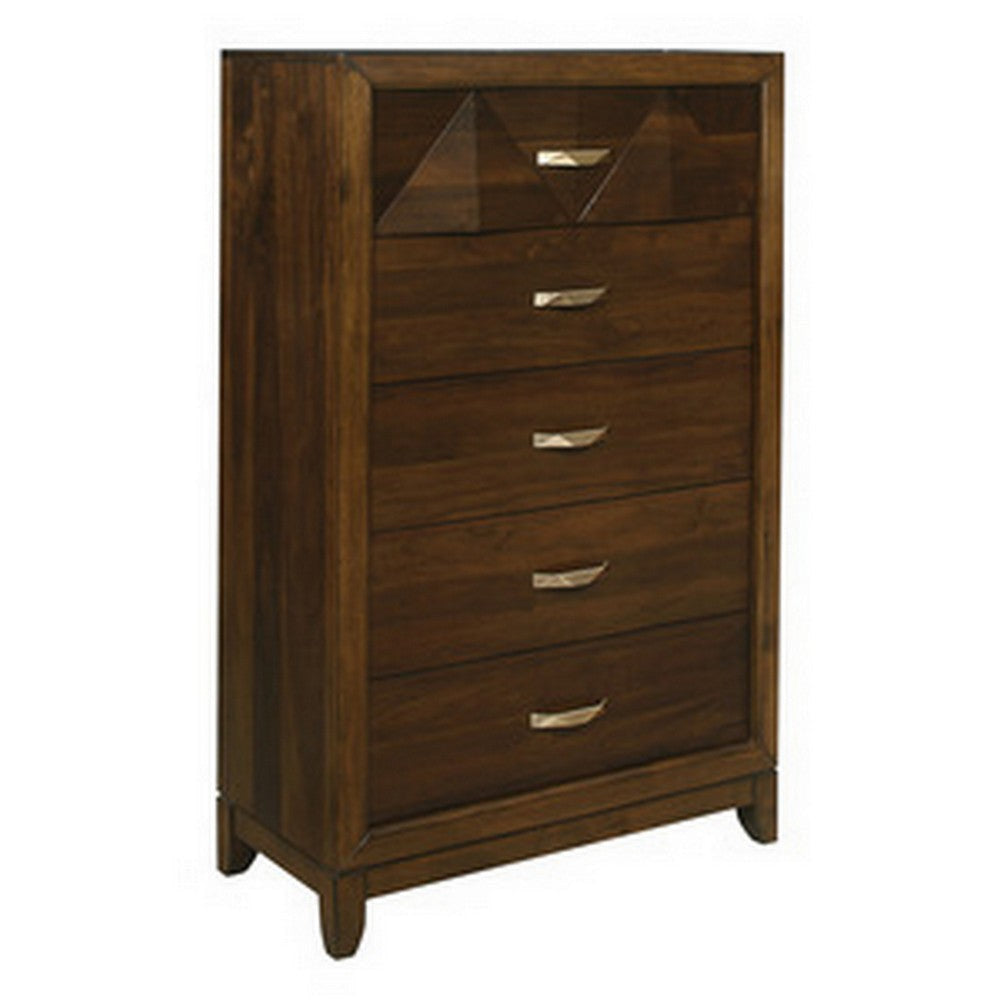 Nibo 55 Inch Tall Dresser Chest, 5 Drawers, Satin Brass, Brown Solid Wood By Casagear Home