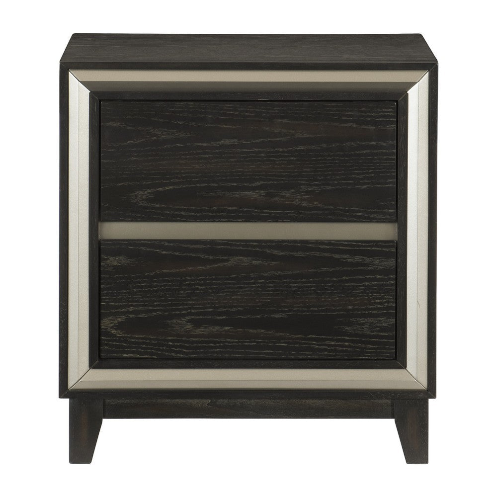 Uri 29 Inch Nightstand 2 Drawers Cutout Grooves Silver Banding Black By Casagear Home BM313318