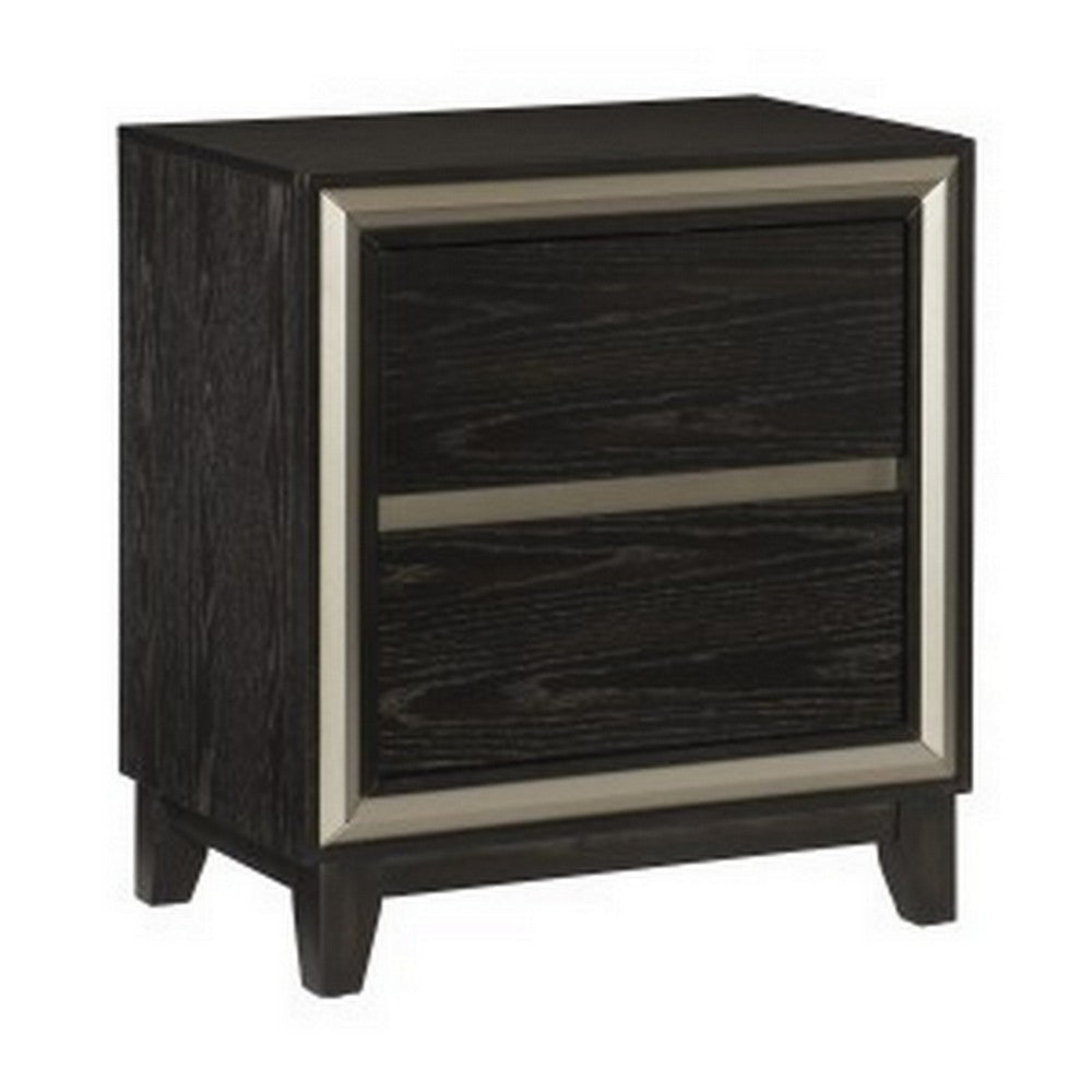 Uri 29 Inch Nightstand 2 Drawers Cutout Grooves Silver Banding Black By Casagear Home BM313318