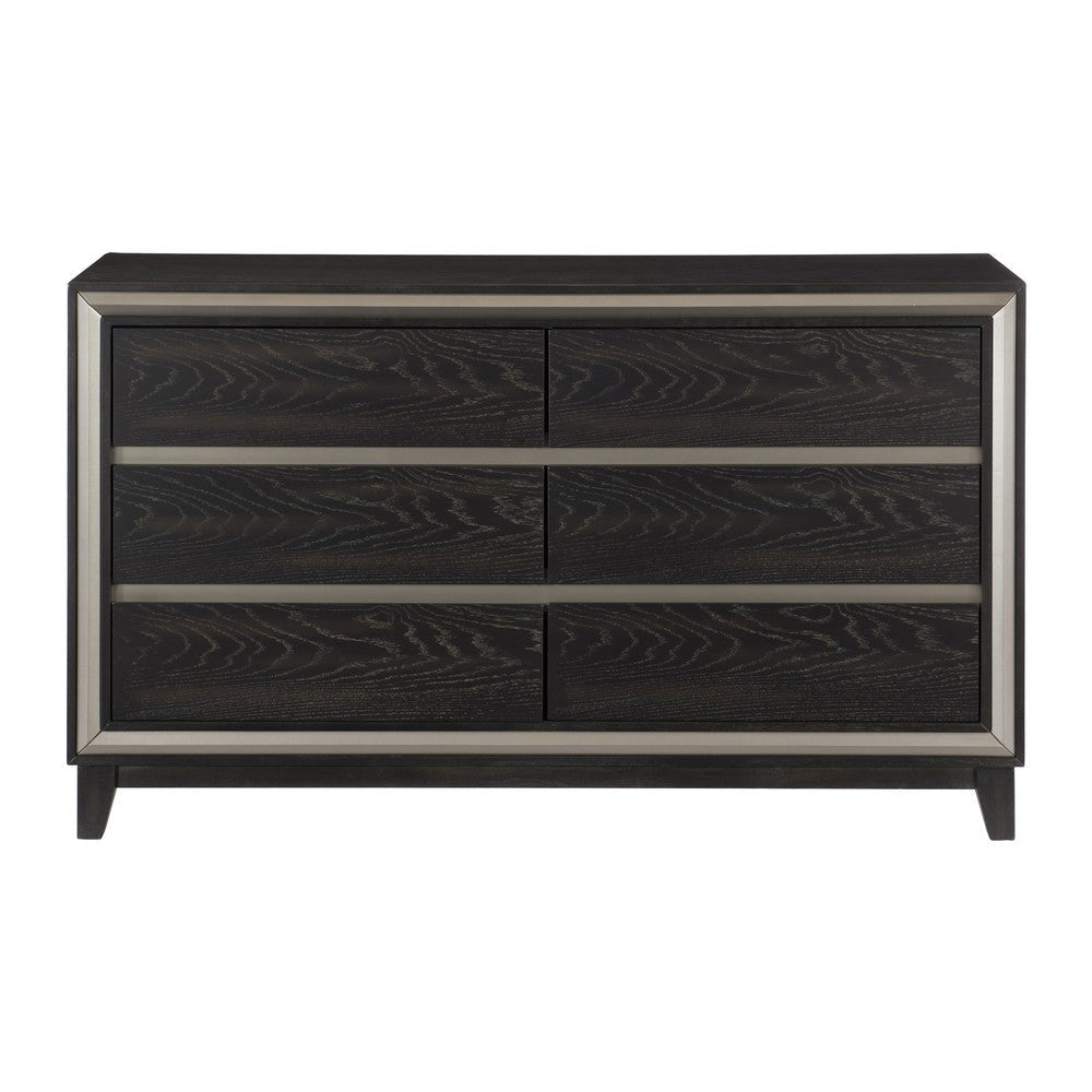 Uri 60 Inch Wide Dresser 6 Drawers Cutout Grooves Silver Banding Black By Casagear Home BM313319