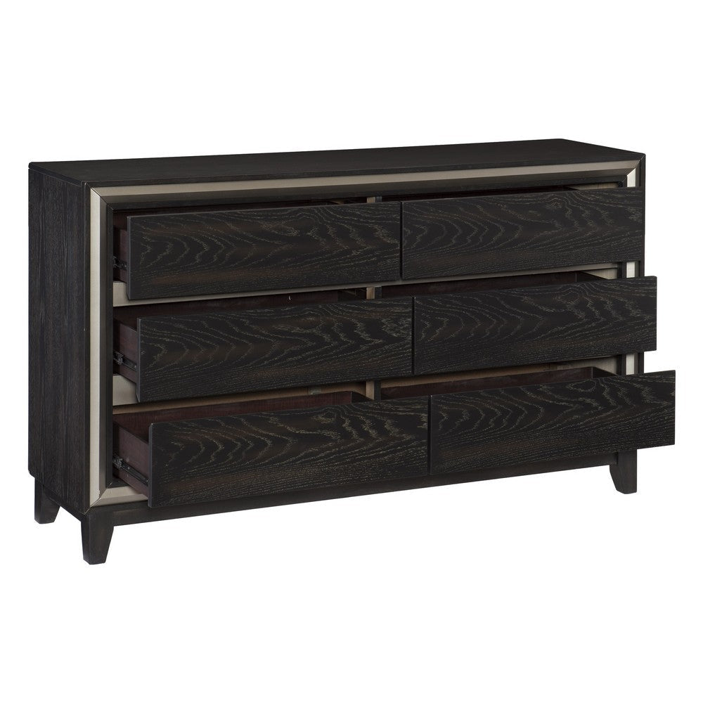 Uri 60 Inch Wide Dresser 6 Drawers Cutout Grooves Silver Banding Black By Casagear Home BM313319