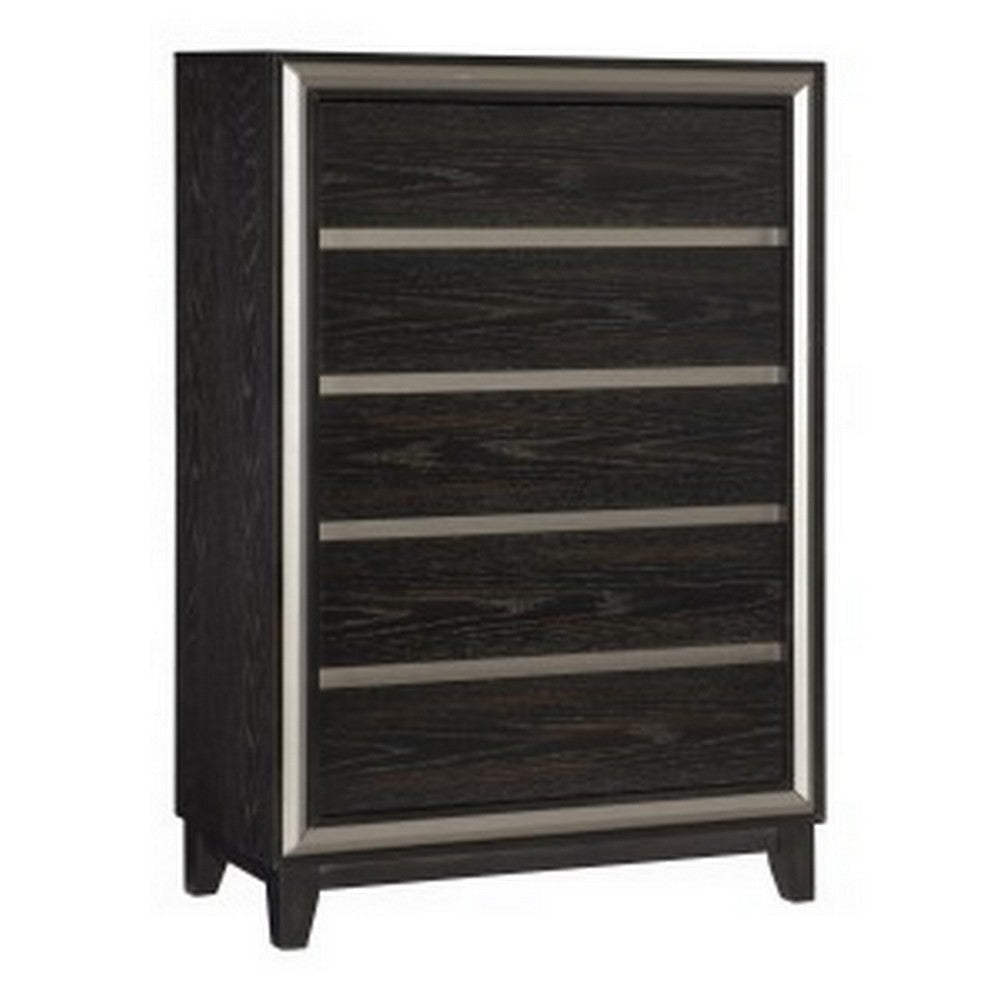 Uri 52 Inch Tall Dresser Chest, 5 Drawers, Cutout Grooves, Silver, Black By Casagear Home