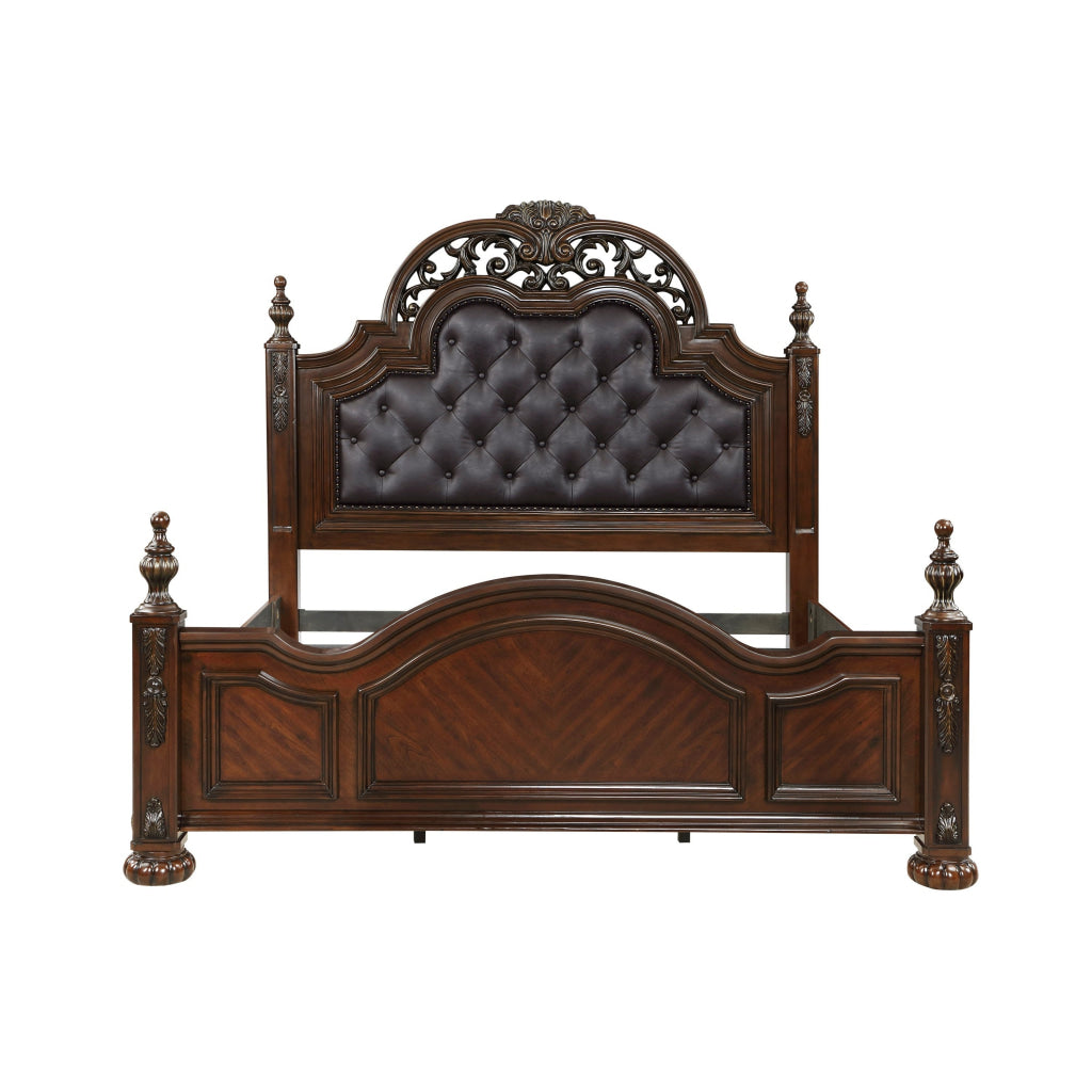 Amio Queen Bed Button Tufted Faux Leather Headboard Cherry Brown Wood By Casagear Home BM313332