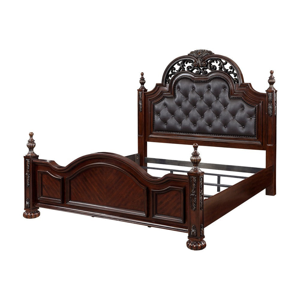 Amio Queen Bed Button Tufted Faux Leather Headboard Cherry Brown Wood By Casagear Home BM313332