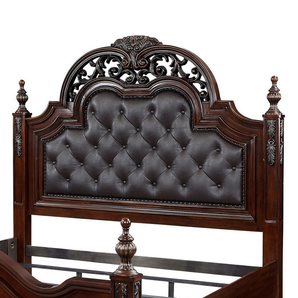 Amio Queen Bed Button Tufted Faux Leather Headboard Cherry Brown Wood By Casagear Home BM313332