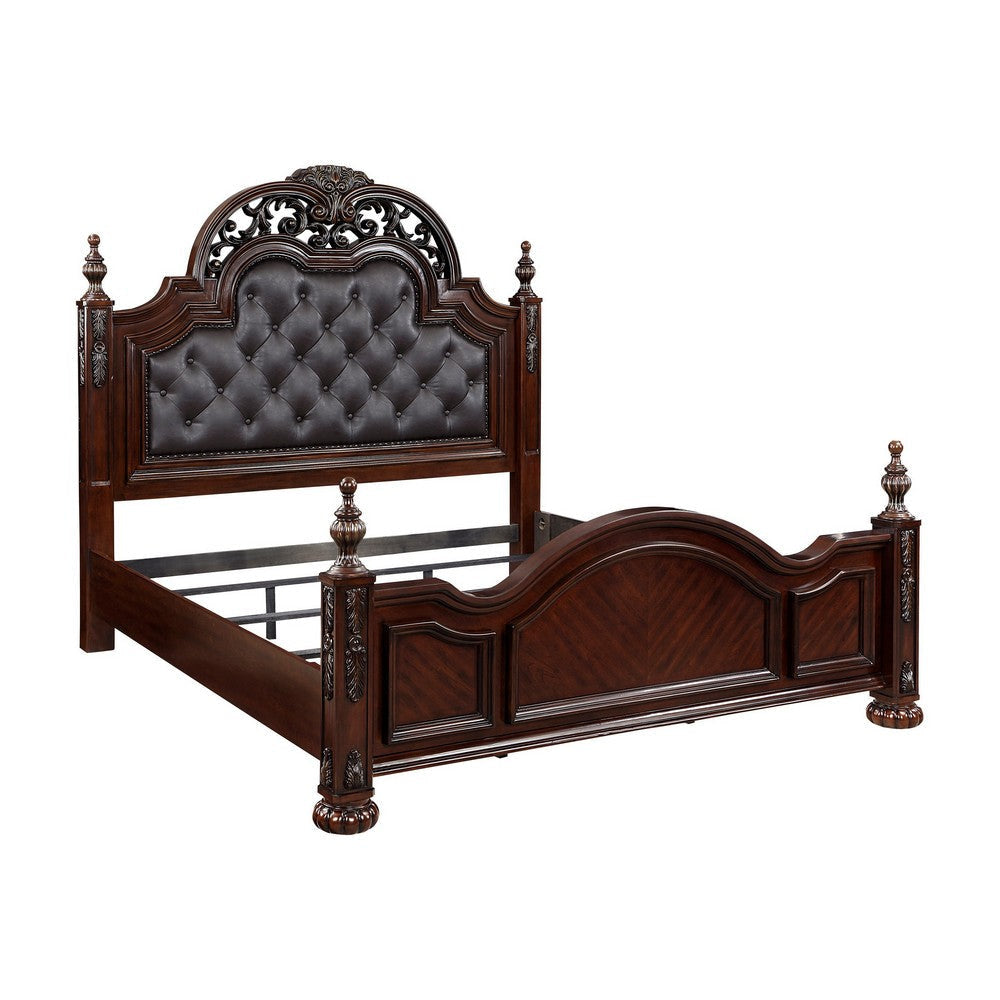 Amio Queen Bed, Button Tufted Faux Leather Headboard, Cherry Brown Wood By Casagear Home