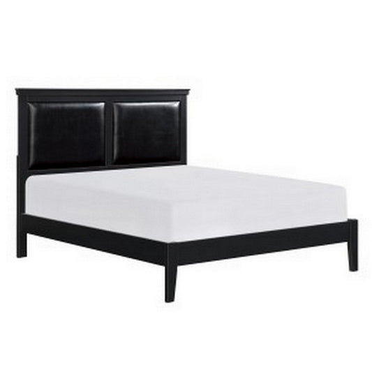 Brite Queen Size Bed, Black Faux Leather Upholstered Headboard, Low Profile By Casagear Home