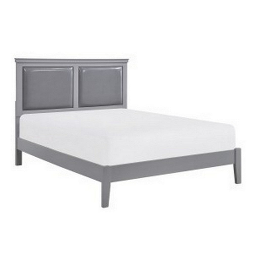 Brite Queen Size Bed, Gray Faux Leather Upholstered Headboard, Low Profile By Casagear Home