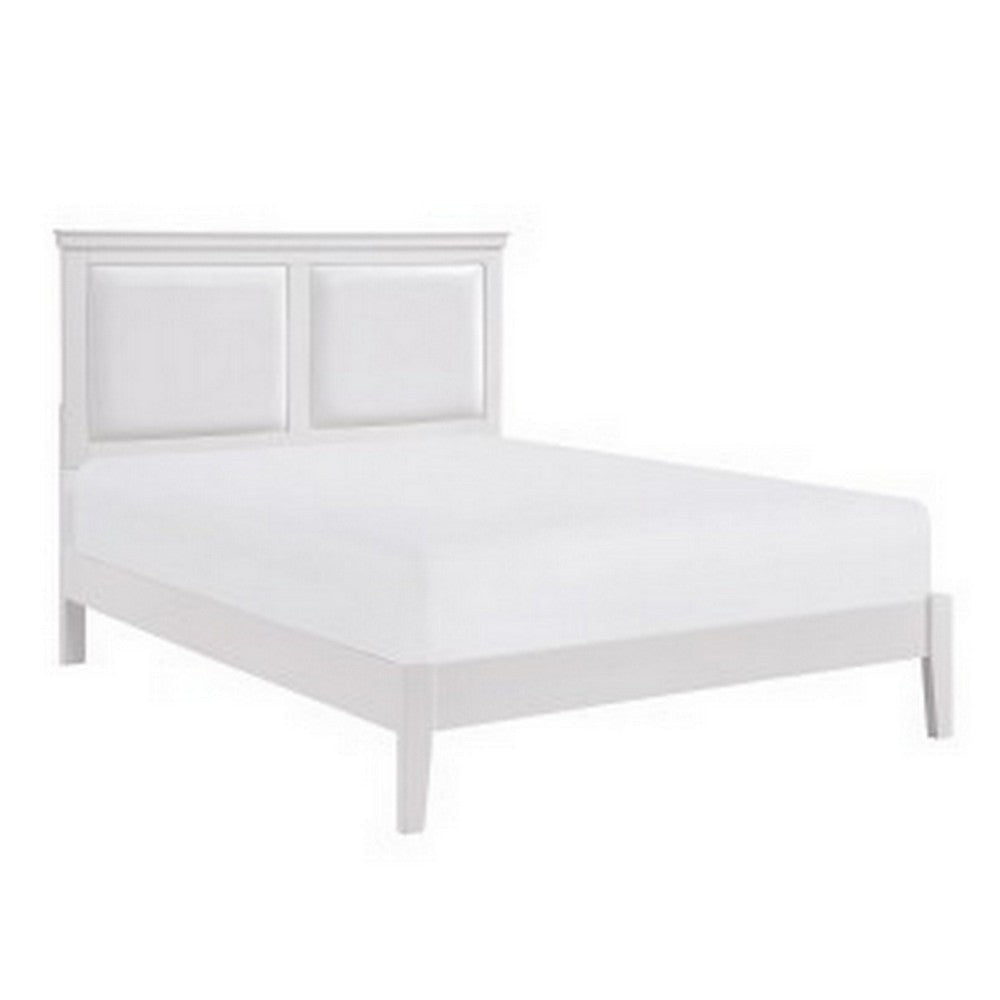 Brite Queen Size Bed, White Faux Leather Upholstered Headboard, Low Profile By Casagear Home