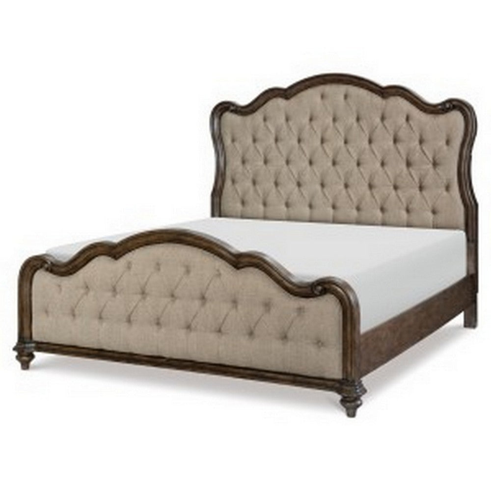 Deborah Queen Bed Button Tufted Beige Fabric Upholstery Brown Wood By Casagear Home BM313339