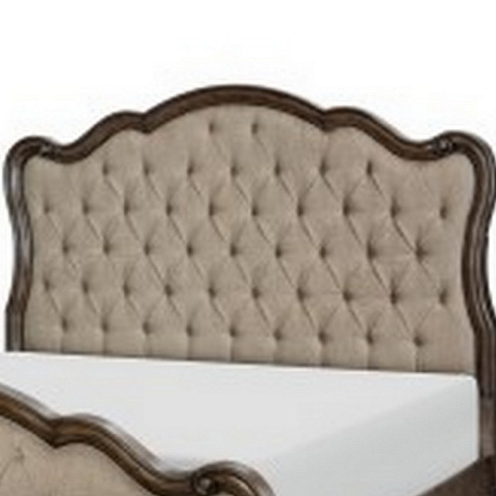 Deborah Queen Bed Button Tufted Beige Fabric Upholstery Brown Wood By Casagear Home BM313339