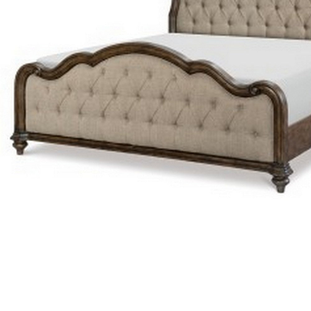 Deborah Queen Bed Button Tufted Beige Fabric Upholstery Brown Wood By Casagear Home BM313339