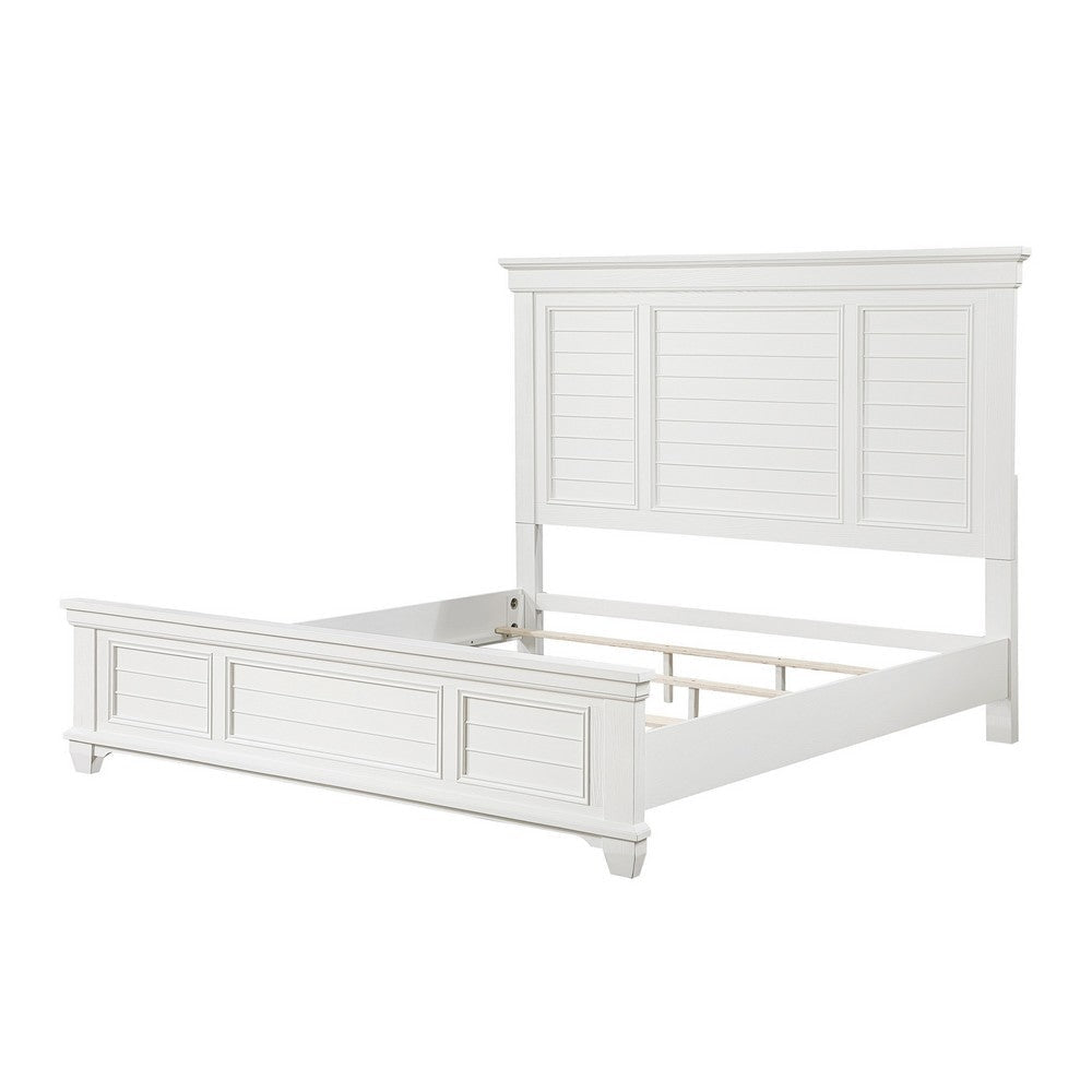 Lyni Queen Size Bed with Farmhouse Style Headboard Solid White Acacia Wood By Casagear Home BM313345