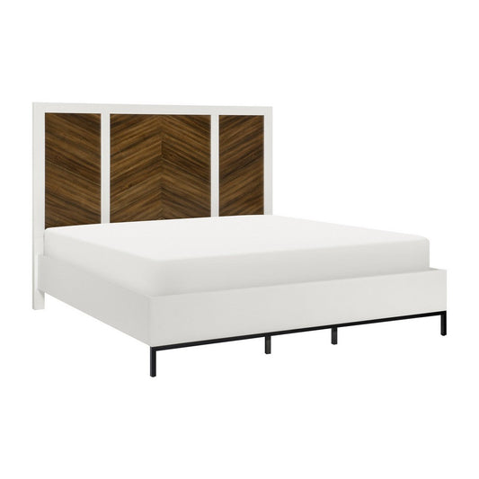 Jem Queen Size Bed, Tall Headboard, 2 USB Ports, Brown, White Acacia Veneer By Casagear Home