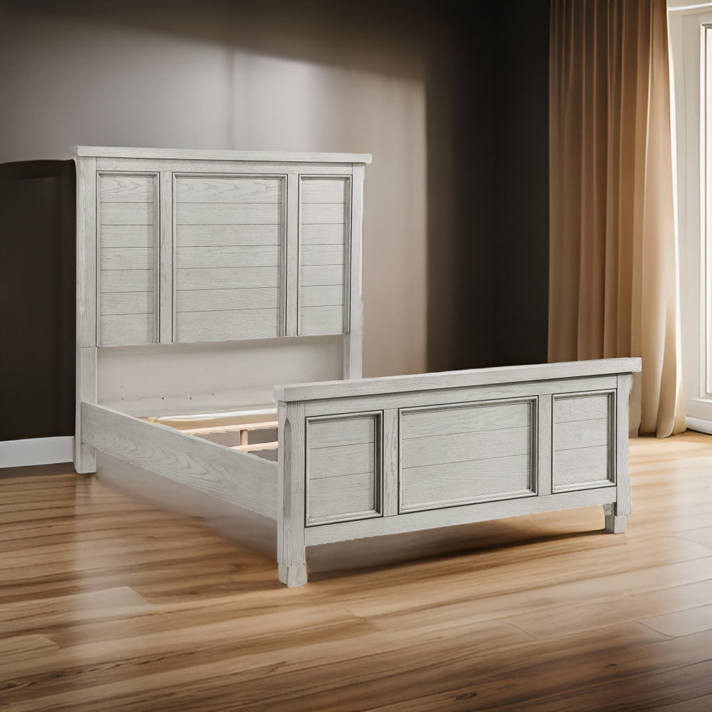 Myna Queen Size Bed with Tall Headboard, Farmhouse White Oak Veneer Wood By Casagear Home