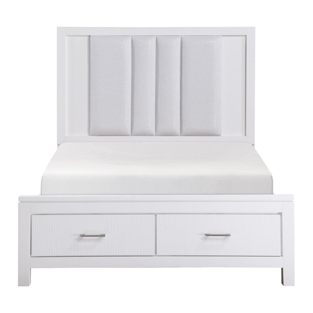 Roni Queen Bed LED Lit Upholstered 2 Storage Drawers White Solid Wood By Casagear Home BM313349