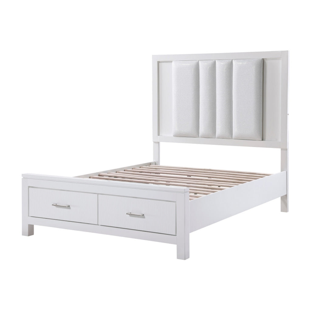 Roni Queen Bed LED Lit Upholstered 2 Storage Drawers White Solid Wood By Casagear Home BM313349