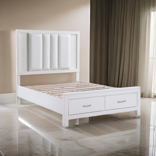 Roni Queen Bed, LED Lit Upholstered, 2 Storage Drawers, White Solid Wood By Casagear Home