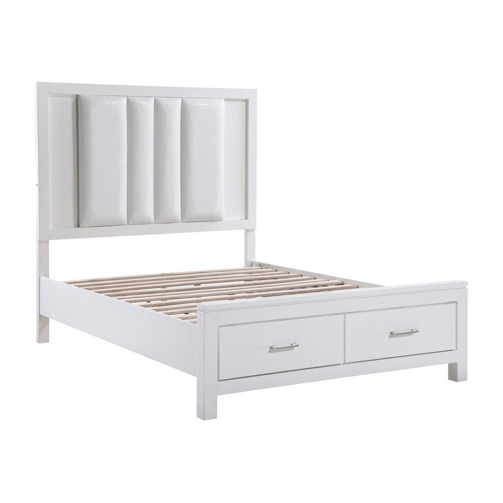 Roni Queen Bed, LED Lit Upholstered, 2 Storage Drawers, White Solid Wood By Casagear Home